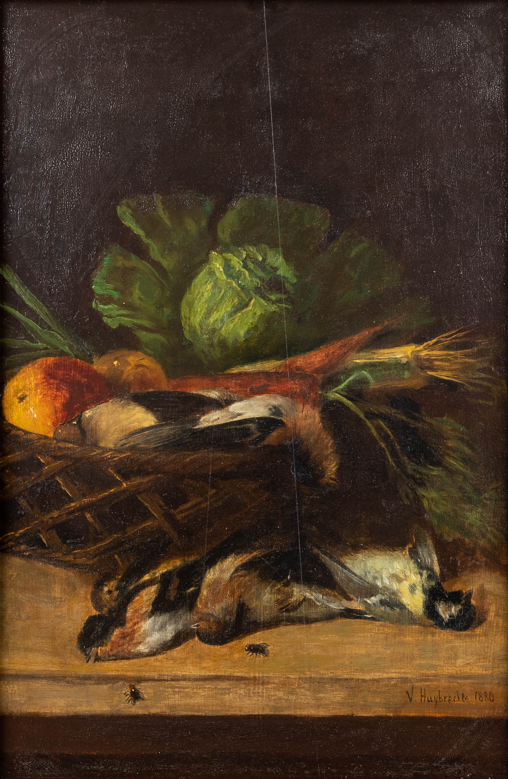 V. HUYBRECHTS (XIX-XX) 'Nature Morte with small birds' oil on panel. 1880. (W:36 x H:55,5 cm)