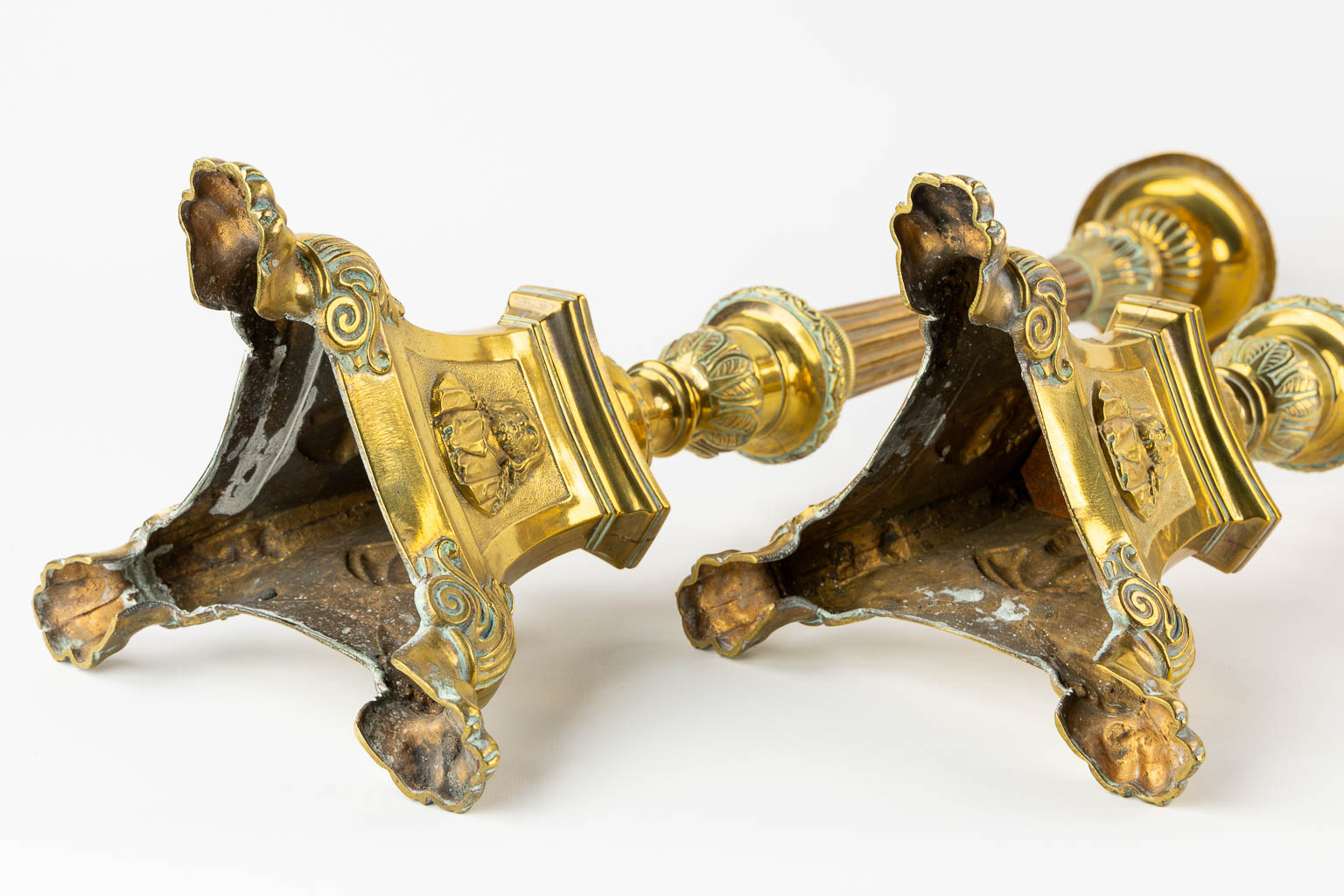 Three pairs of Church candlesticks, brass. Gothic Revival. (H:86 cm)