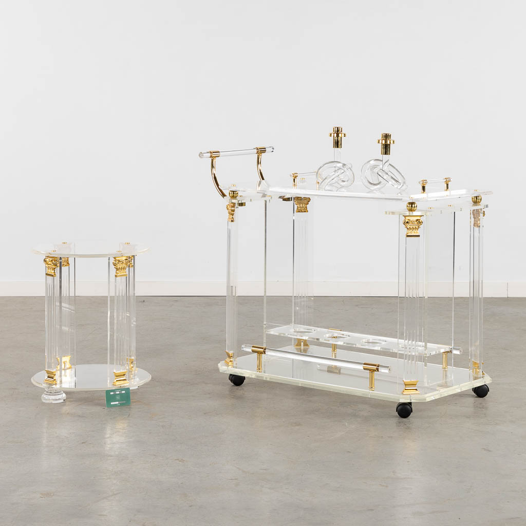 A Hollywood Regency style bar cart, side table and two candelabra. (L:52 x W:97 x H:80 cm)