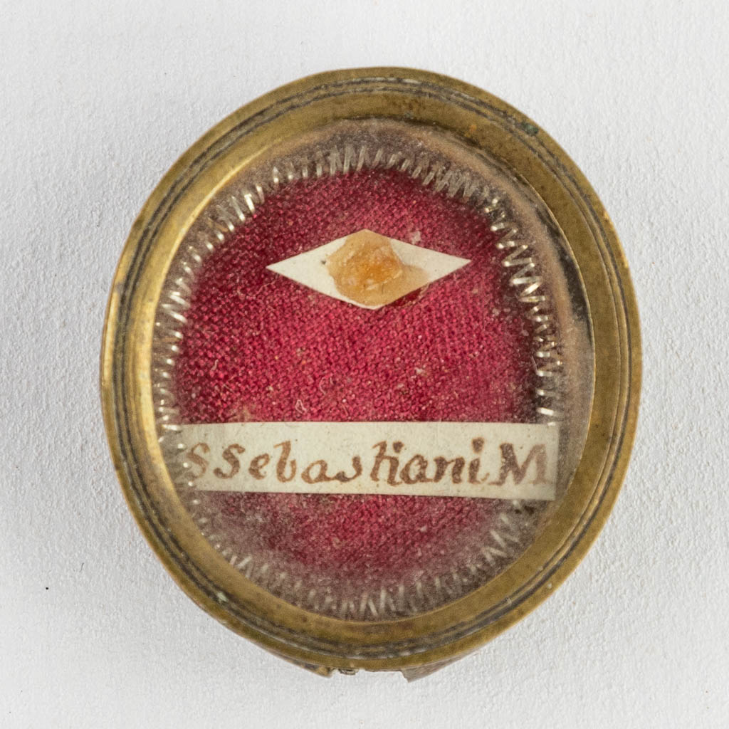 A sealed theca with a relic: Ex Ossibus Sancti Sebastiani Martyris