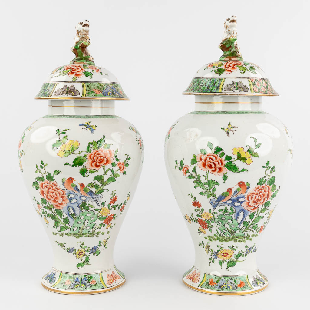  r of Chinese-style vases, porcelain with hand-painted flower decor. Probably Samson, France. 