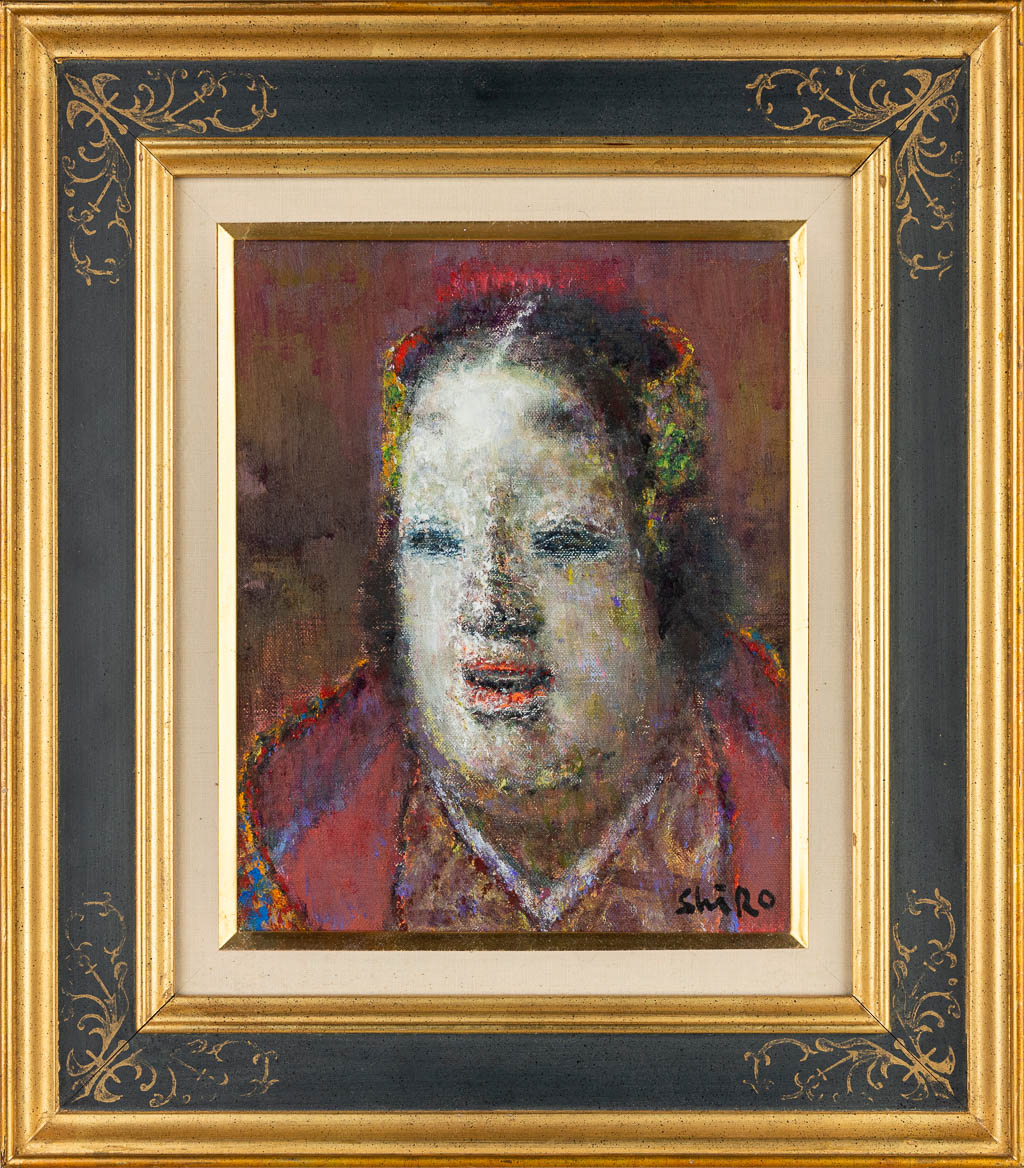 Shiro WAKE (1925-1988) Portrait of a Magojiro mask, a mid-century painting, oil on canvas. (21 x 26 cm)