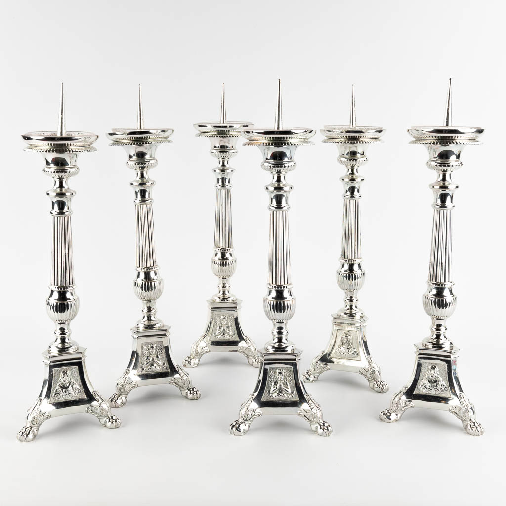 A set of 6 church candlesticks, plated metal. 20th C. (D:14 x W:14 x H:46 cm)