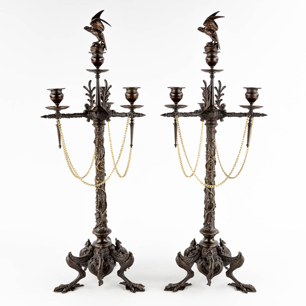 Jules MOIGNIEZ (1835-1894) 'Candelabra with birds and foxes' patinated bronze. (H:72 x D:24 cm)