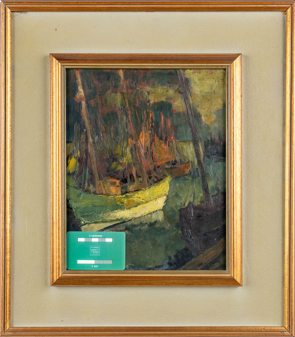 Hilaire VAN BIERVLIET (1891-1982) 'Boats & Winter Landscape' oil on board. (W:24 x H:30 cm)