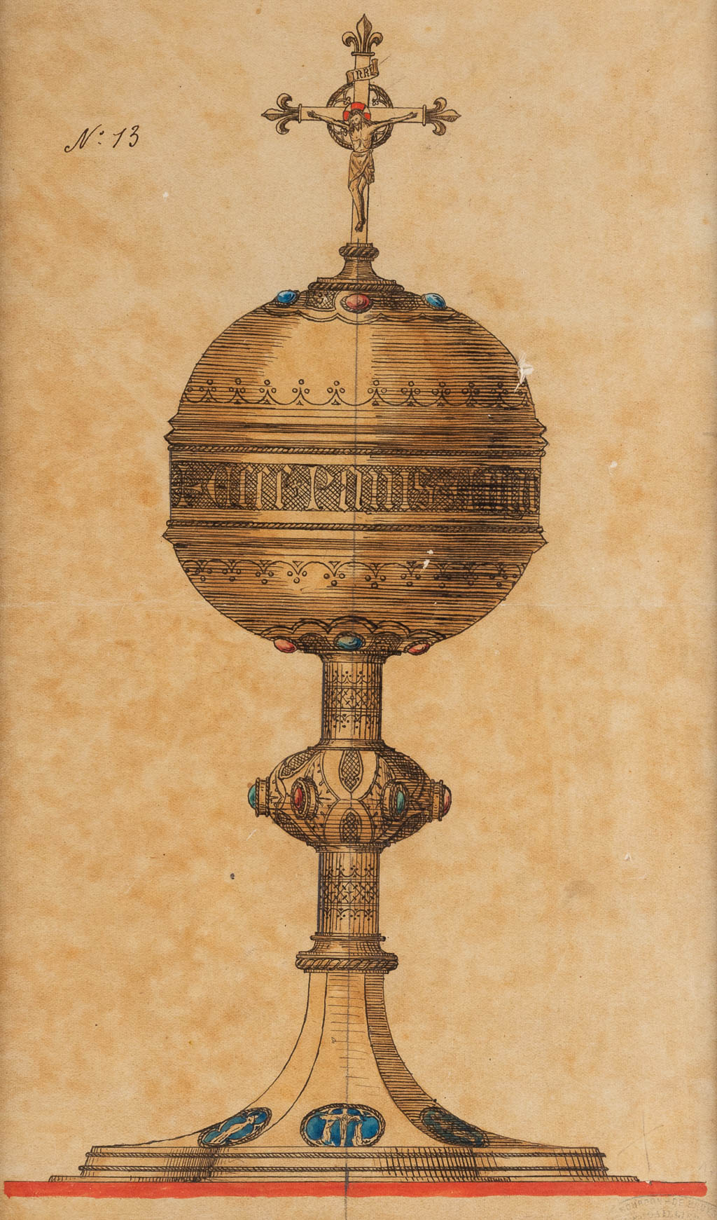 Bourdon-De Bruyne, 'Tekening voor een Ciborie' aquarel en inkt op papier. 19de eeuw. (W:20 x H:34 cm)