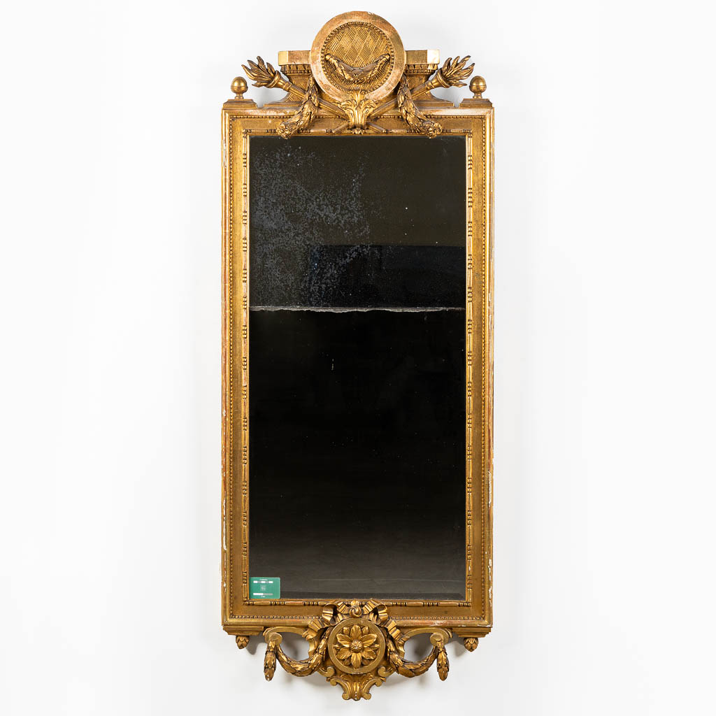 An antique mirror, gilt wood. Probably Scandinavia, Sweden. 19th C. (W:70 x H:178 cm)