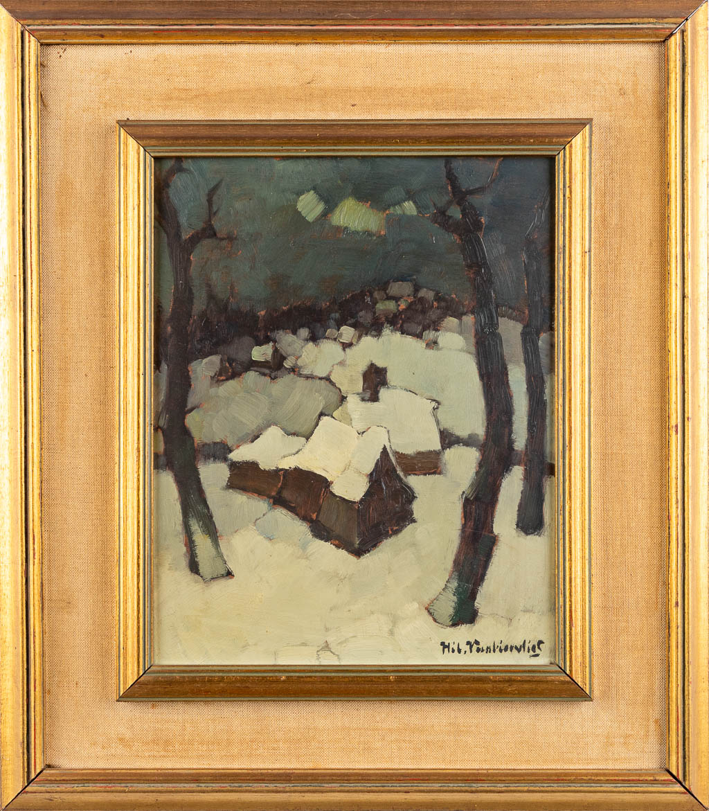 Hilaire VAN BIERVLIET (1891-1982) 'De haven en Winterlandschap' olie op paneel. (W:24 x H:30 cm)
