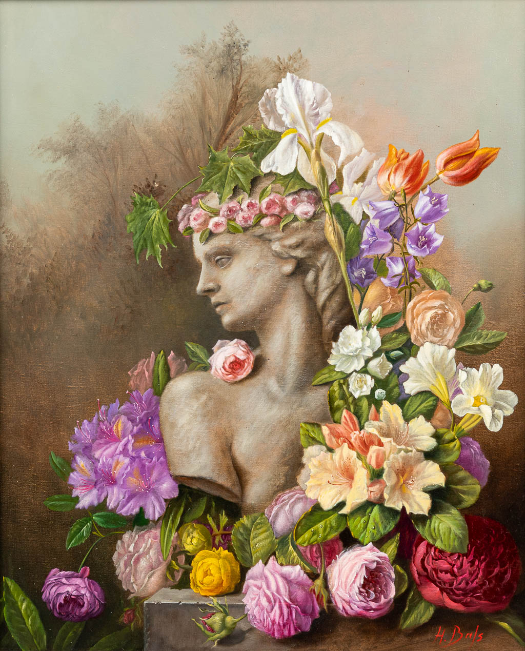 Hilaire BALS (1940) 'Bloemenboeket met buste' een stillleven, olie op doek, 1998. (50 x 60 cm)
