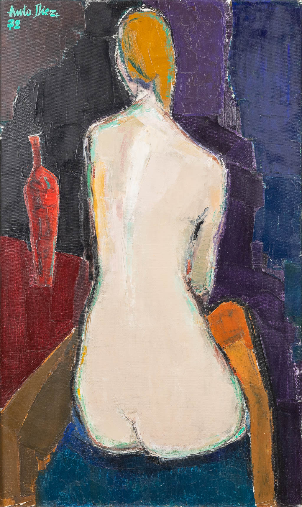 Anto DIEZ (1914-1992) 'Rode Vaas' een schilderij, olie op doek, 1972. (60 x 100 cm)