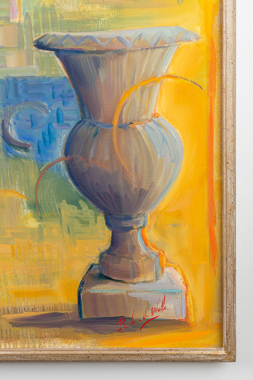 Rik VAN DE WALLE (XX) 'Tuinvaas' een schilderij, olie op doek. Periode 1999/2000. (80 x 100 cm)