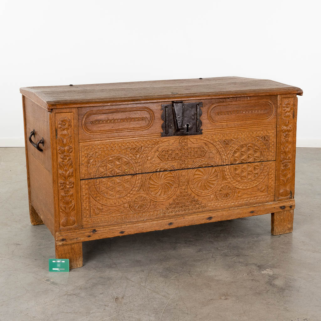 An antique chest with wood-sculptured panels. 19th C. (D:66 x W:120 x H:73 cm)
