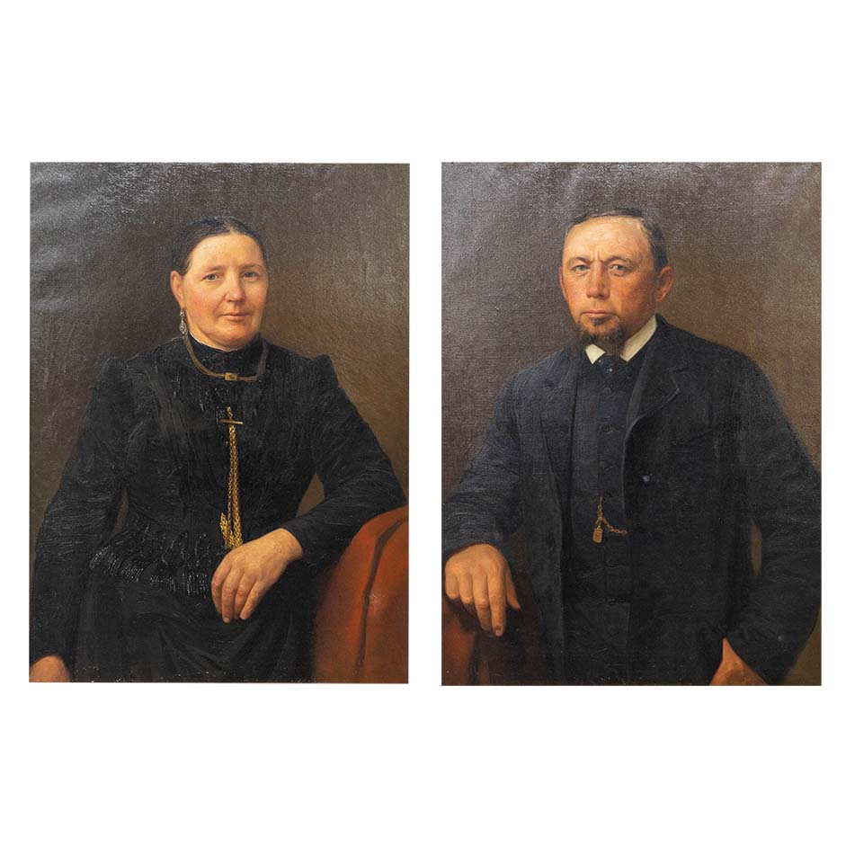 Een paar portretten van een man en een vrouw, olie op doek. 19de eeuw (66 x 90 cm) (66 x 90 cm)