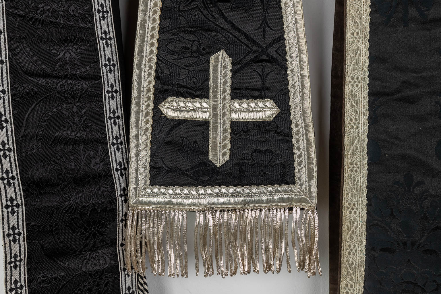A set of Black Lithurgical Robes, Roman Chasubles, Stola, Manisple and Chalice Veils. 
