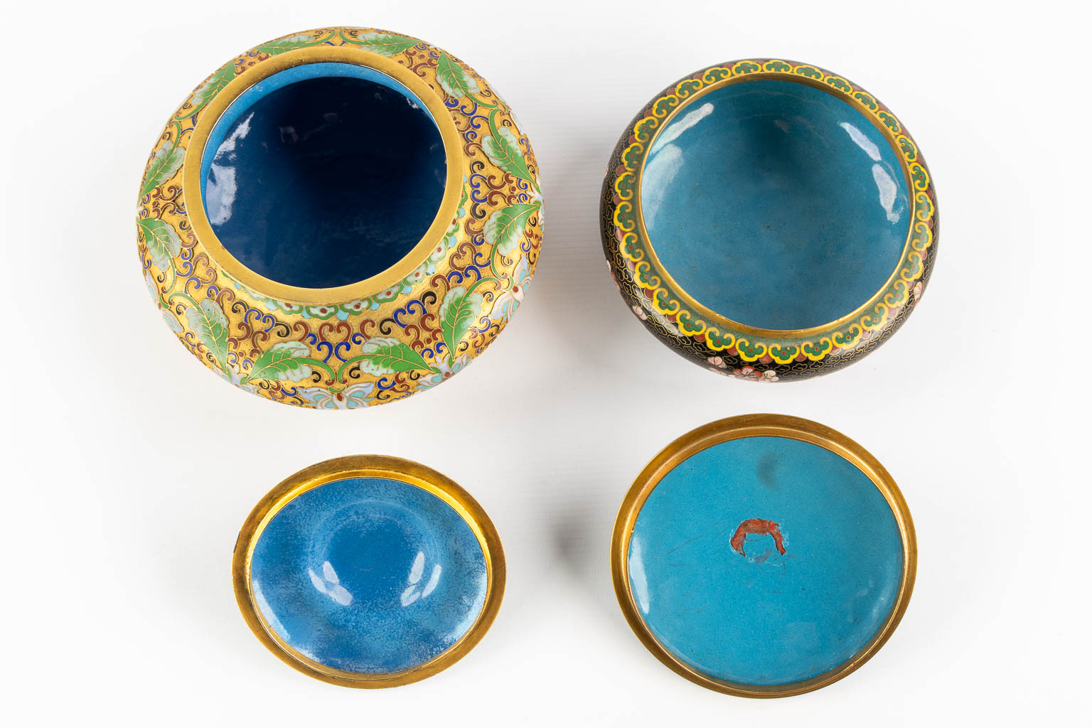 Twelve pieces of Cloisonné enamelled vases and trinklet bowls. Three pairs. (H:23 cm)