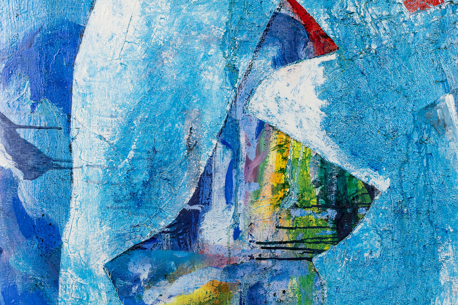 Een abstract schilderij, acryl op doek. LUCAS 1983. (W:100 x H:120 cm)