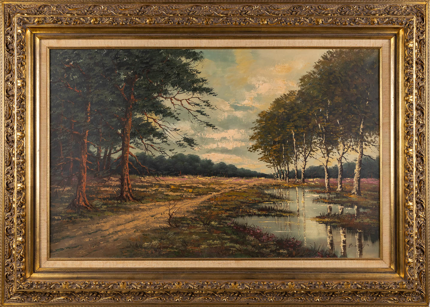 View on the heath, a landscape, oil on canvas. Signed B. V. Rijn. 20th C. (W:110 x H:70 cm)