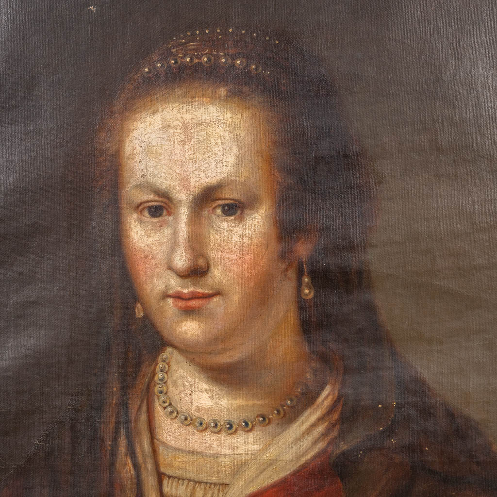 Een antiek portret van een dame, olie op doek. 18de eeuw (69 x 80cm)