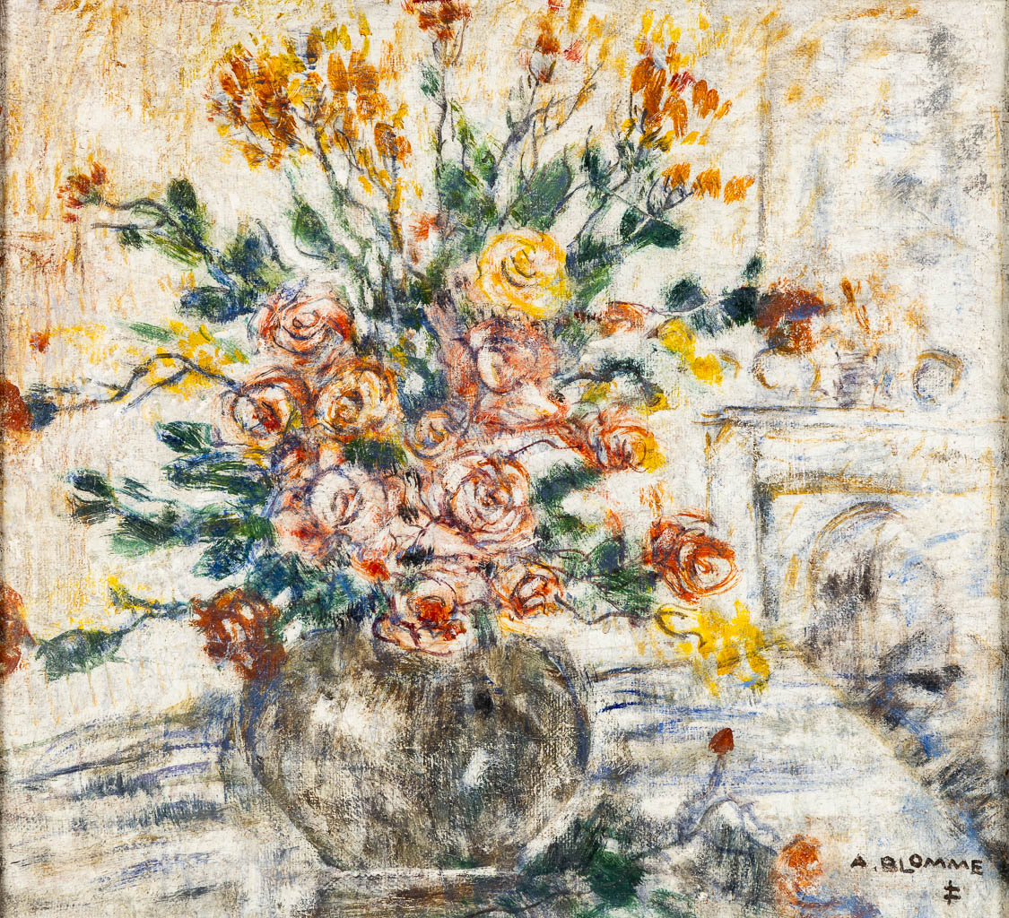 Alfons BLOMME (1889-1979) 'Zwarte vaas met bloemen'. (W:72,5 x H:67,5 cm)