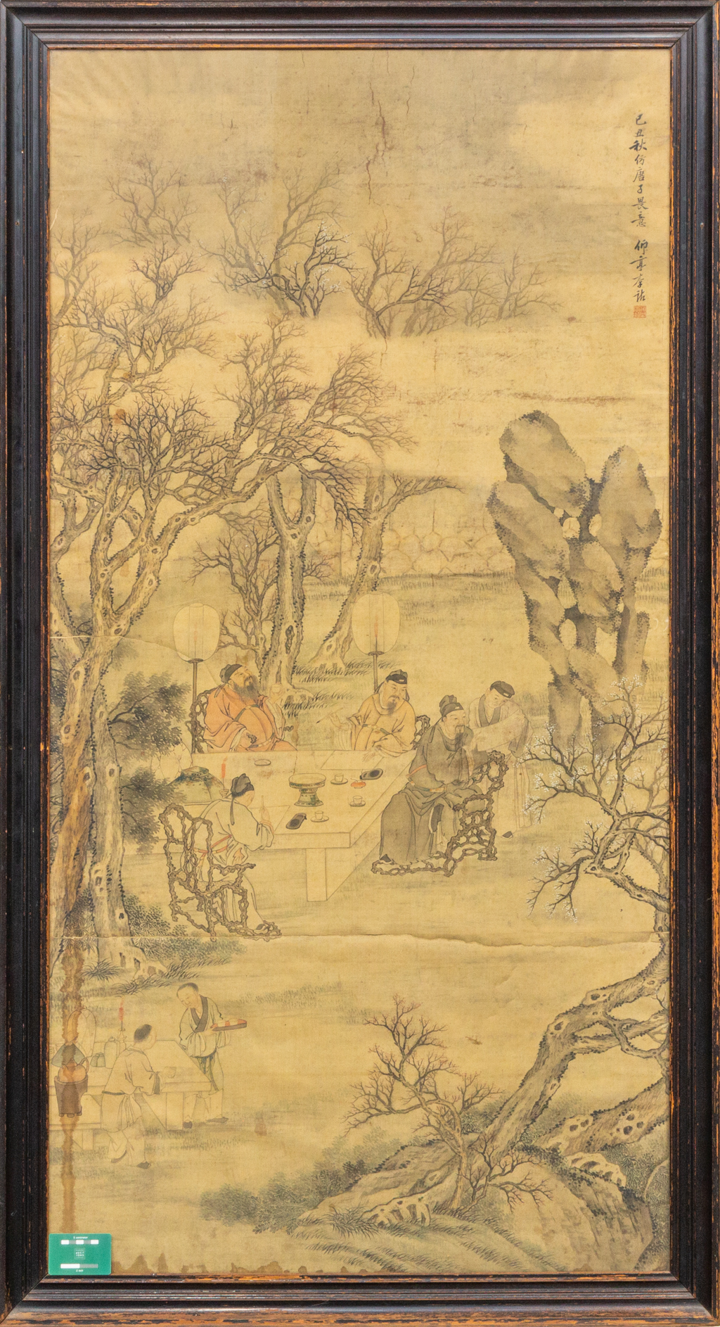 Een uitzonderlijk Chinees kunstwerk, geschilderd op zijde met een landschap en onsterfelijken. 
