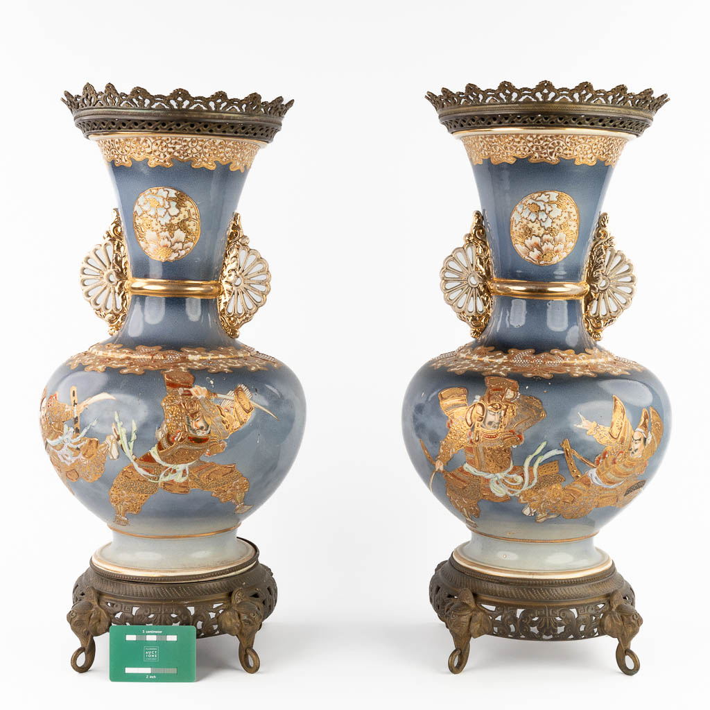 A pair of Japanese Satsuma vases, mounted with brass. Circa 1900. (H:58 x D:26 cm)