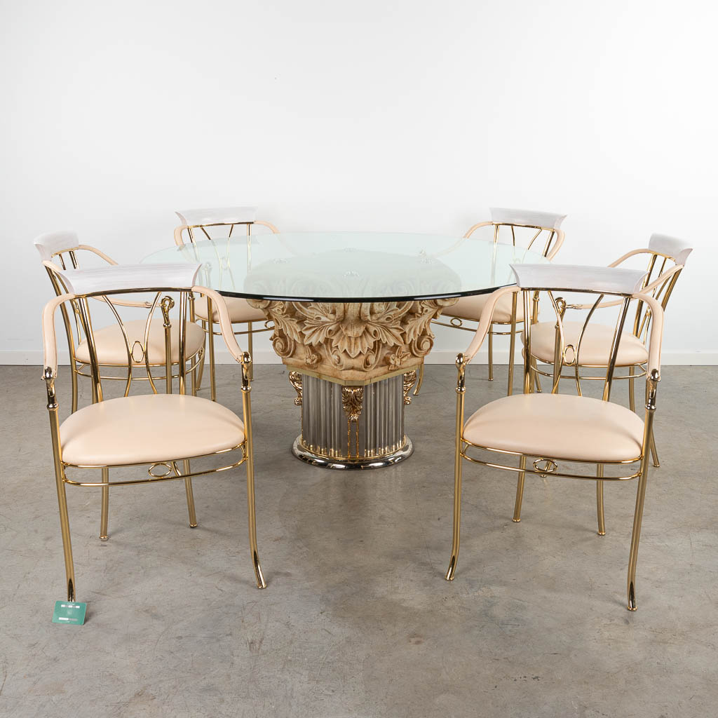 Vidal GRAU (XX) 'Tafel en 6 stoelen' gemaakt in Hollywood Regencystijl (H:76cm)