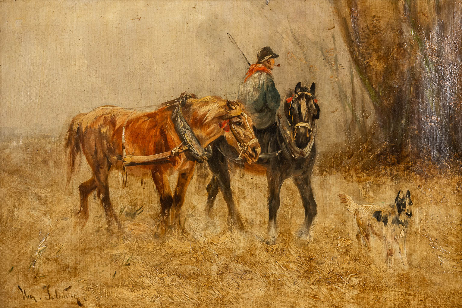 Henry SCHOUTEN (1857/64-1927) 'Horses with a farmer' oil on canvas. (W:61 x H:40 cm)