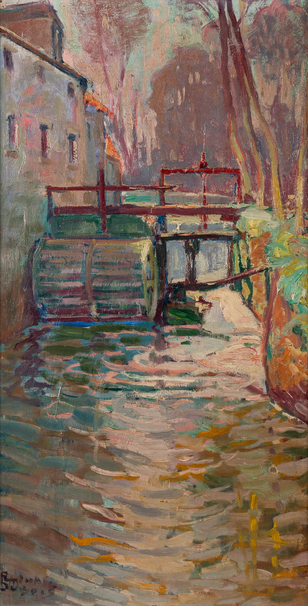 Raphaël DUBOIS (1888-1960) 'Water Mill' oil on canvas. (W:37 x H:70 cm)