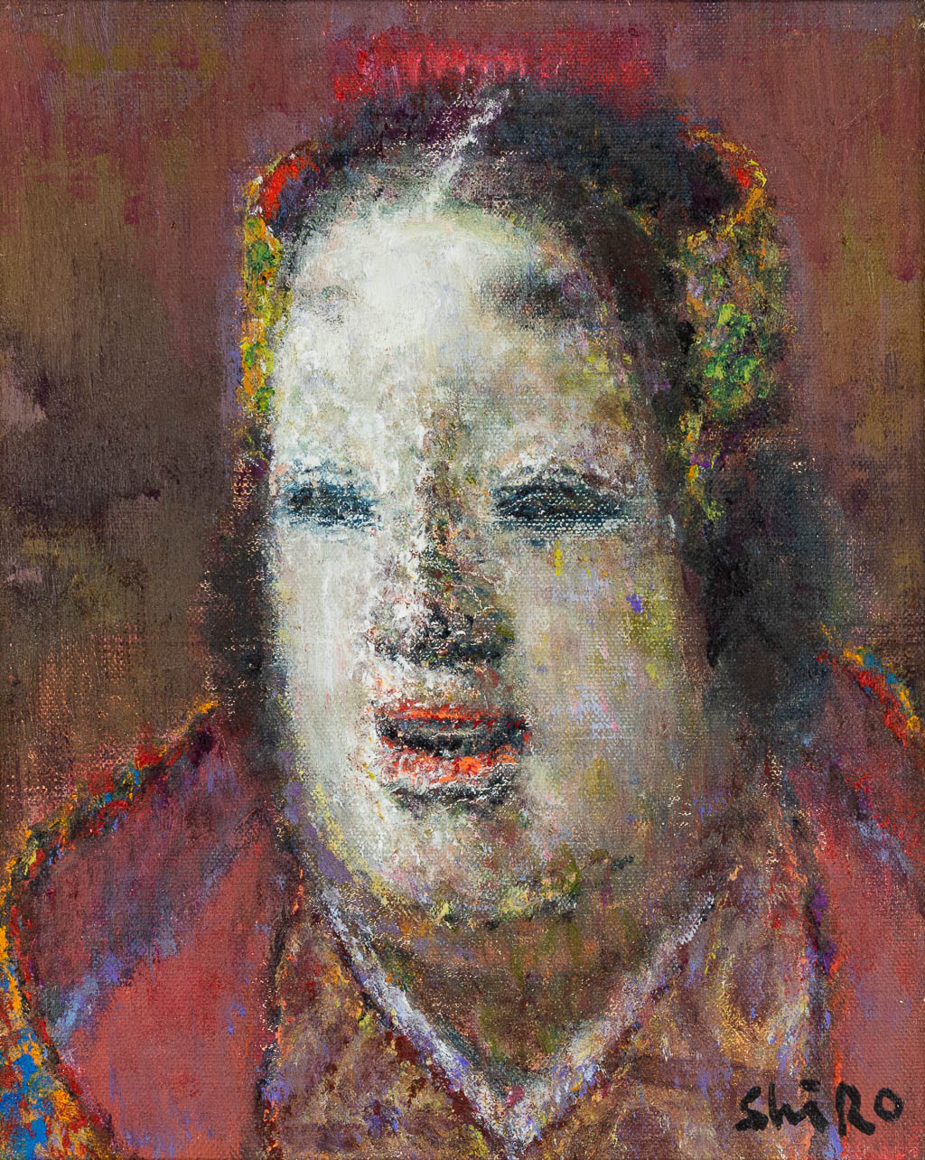 Shiro WAKE (1925-1988) Portrait of a Magojiro mask, a mid-century painting, oil on canvas. (21 x 26 cm)