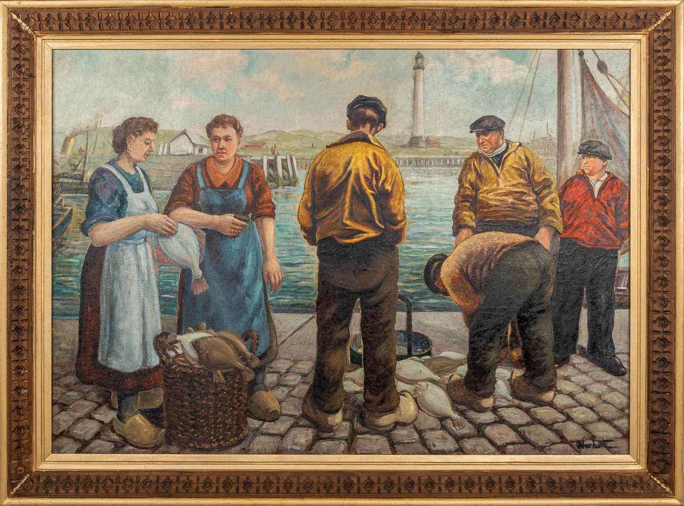 Robert VANHESTE (1913-2002) 'Visverkoop in Oostende' een schilderij, olie op doek. (170 x 120 cm)