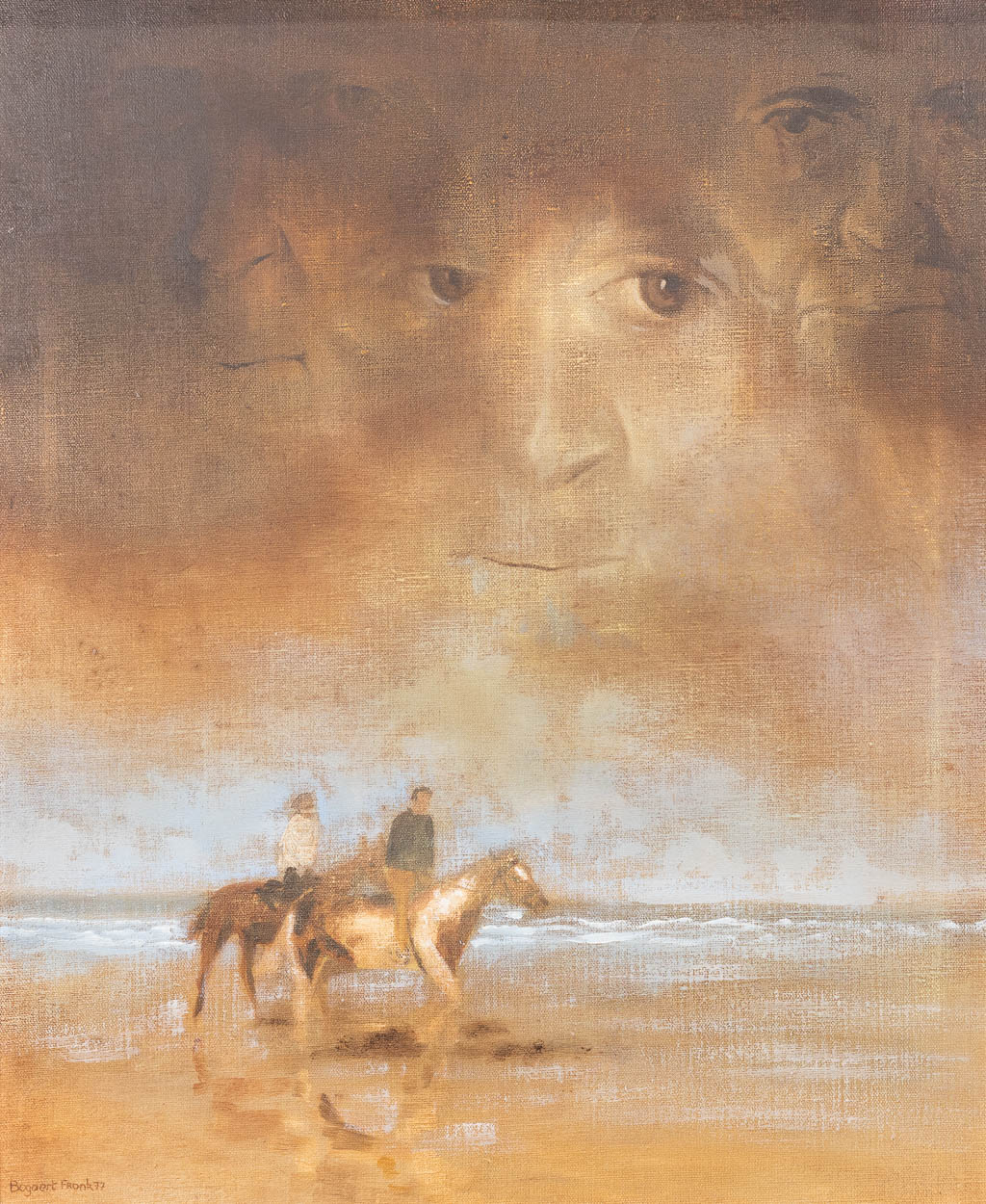 Frank BOGAERT (1950-?) 'Horseback riders' a painting, oil on canvas. 1977. (50 x 60 cm)