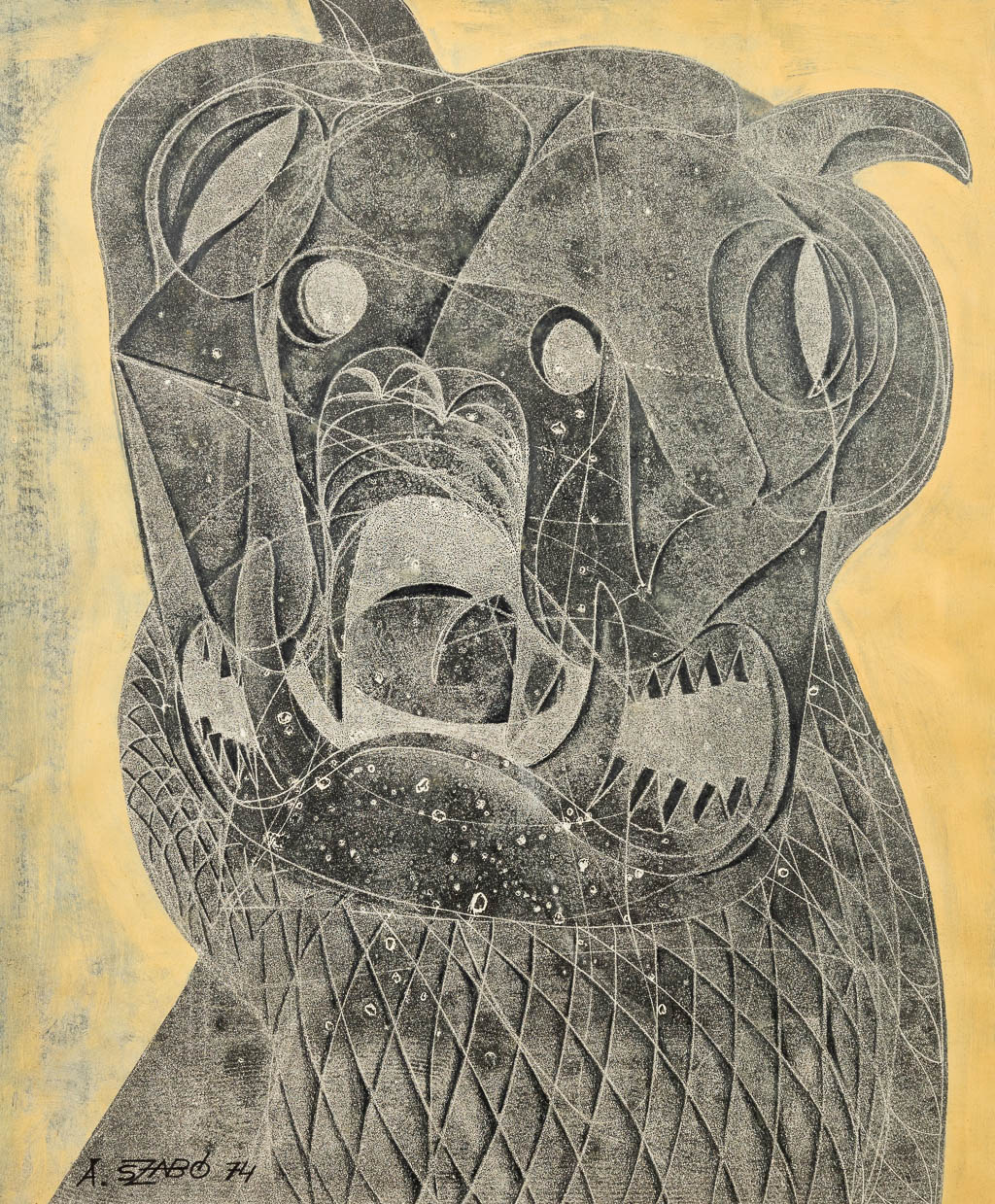 André SZABO (1923-2007) 'The Dog' een abstract werk, gemengde techniek op papier. 1974. (48 x 58 cm)