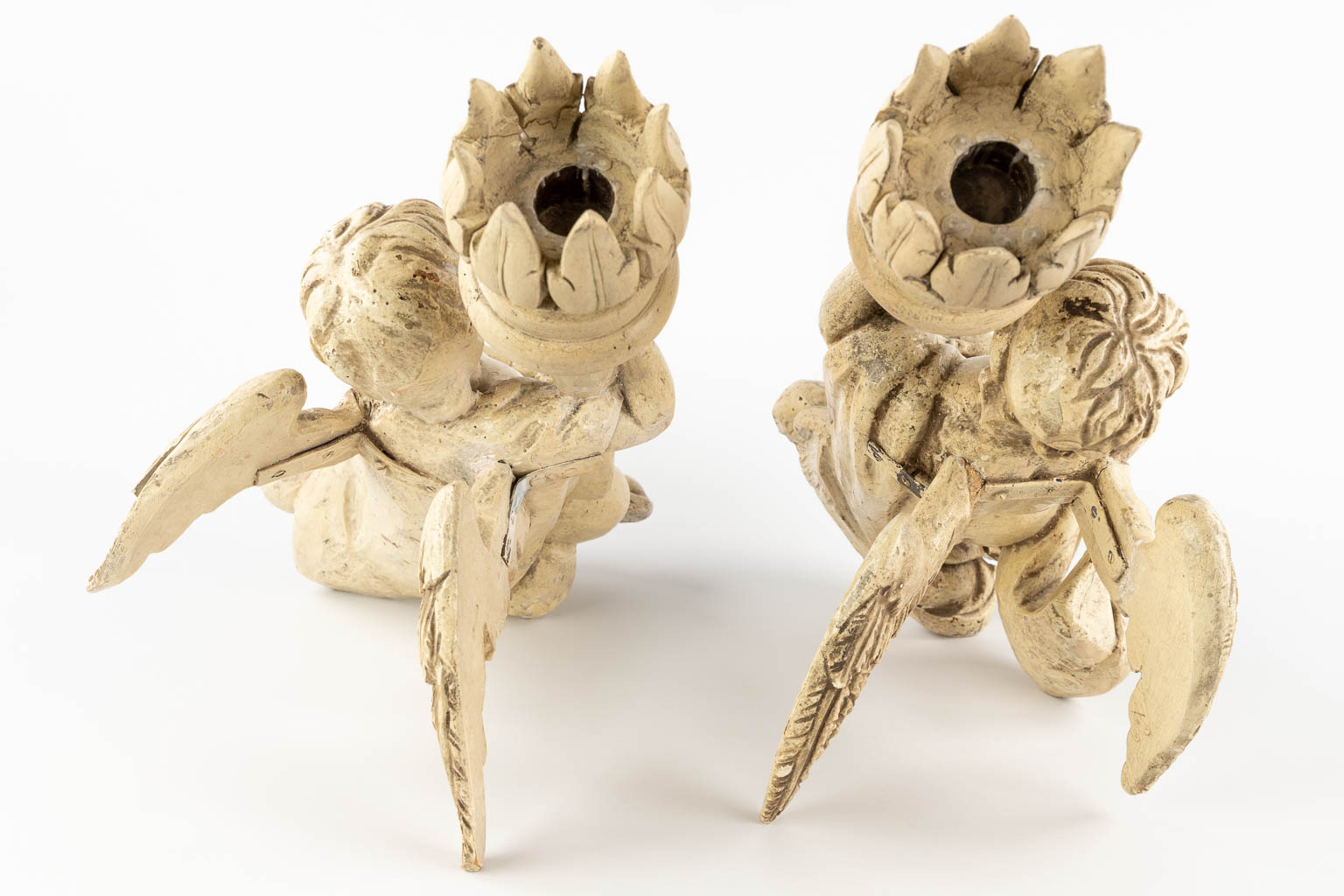 Two antique angels with candle holders, wood sculptured with white patina. 18th C. (W:32 x H:59 cm)