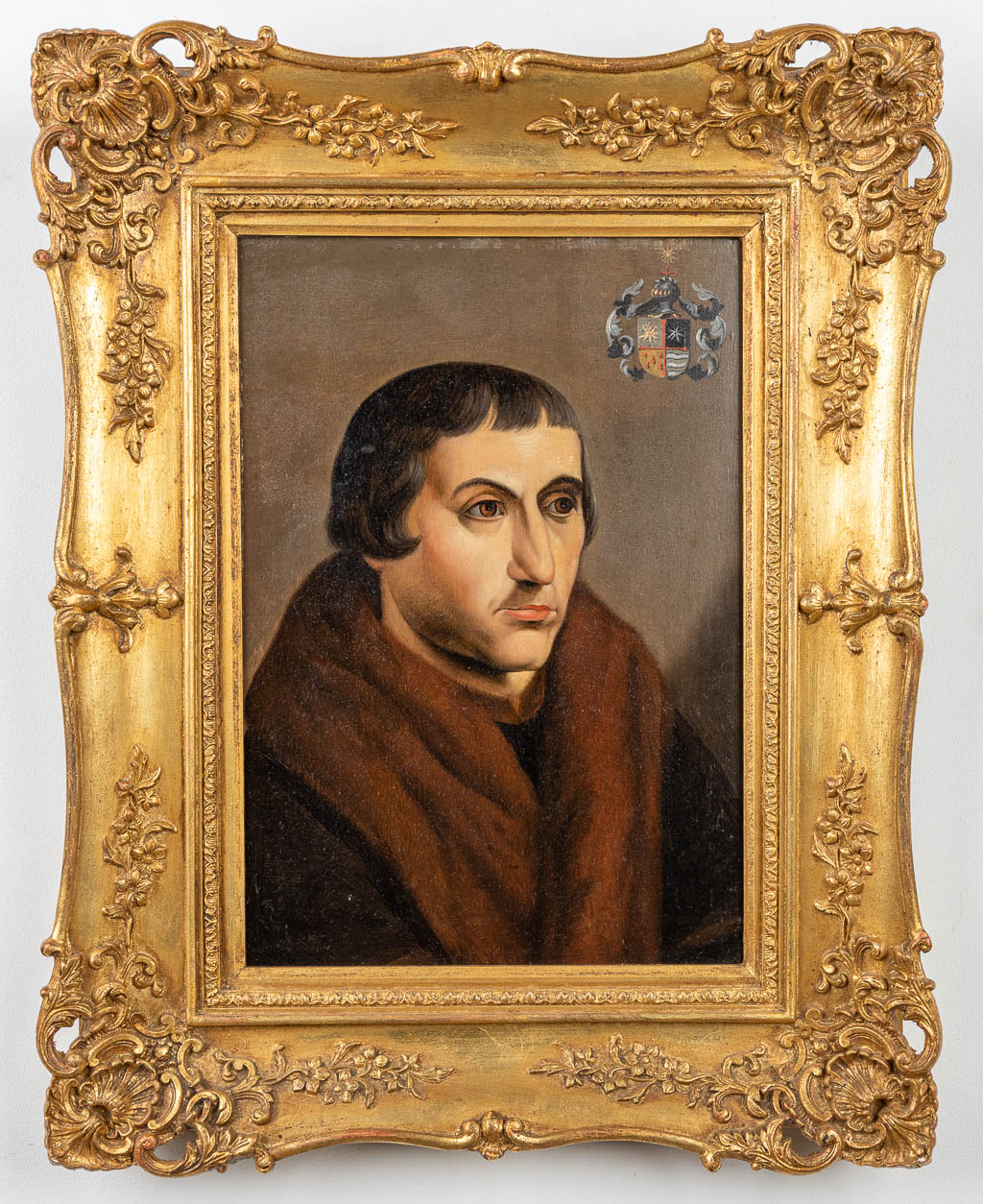 An antique portrait of Juan Luis Vives, oil on panel. The panel was made during the 17th century. (31 x 44 cm)