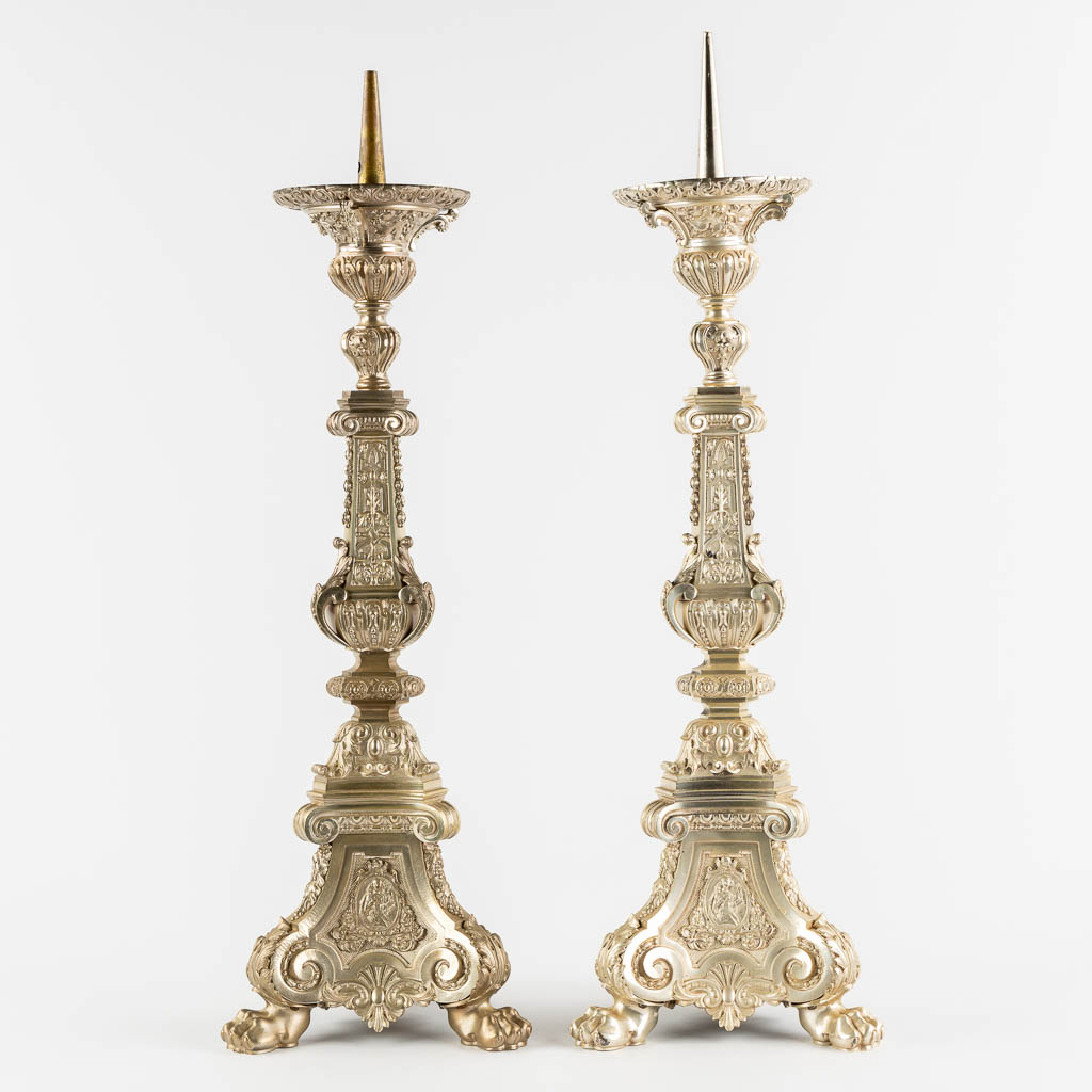 A pair of church candlesticks, silver-plated bronze. (L:24 x W:24 x H:78 cm)