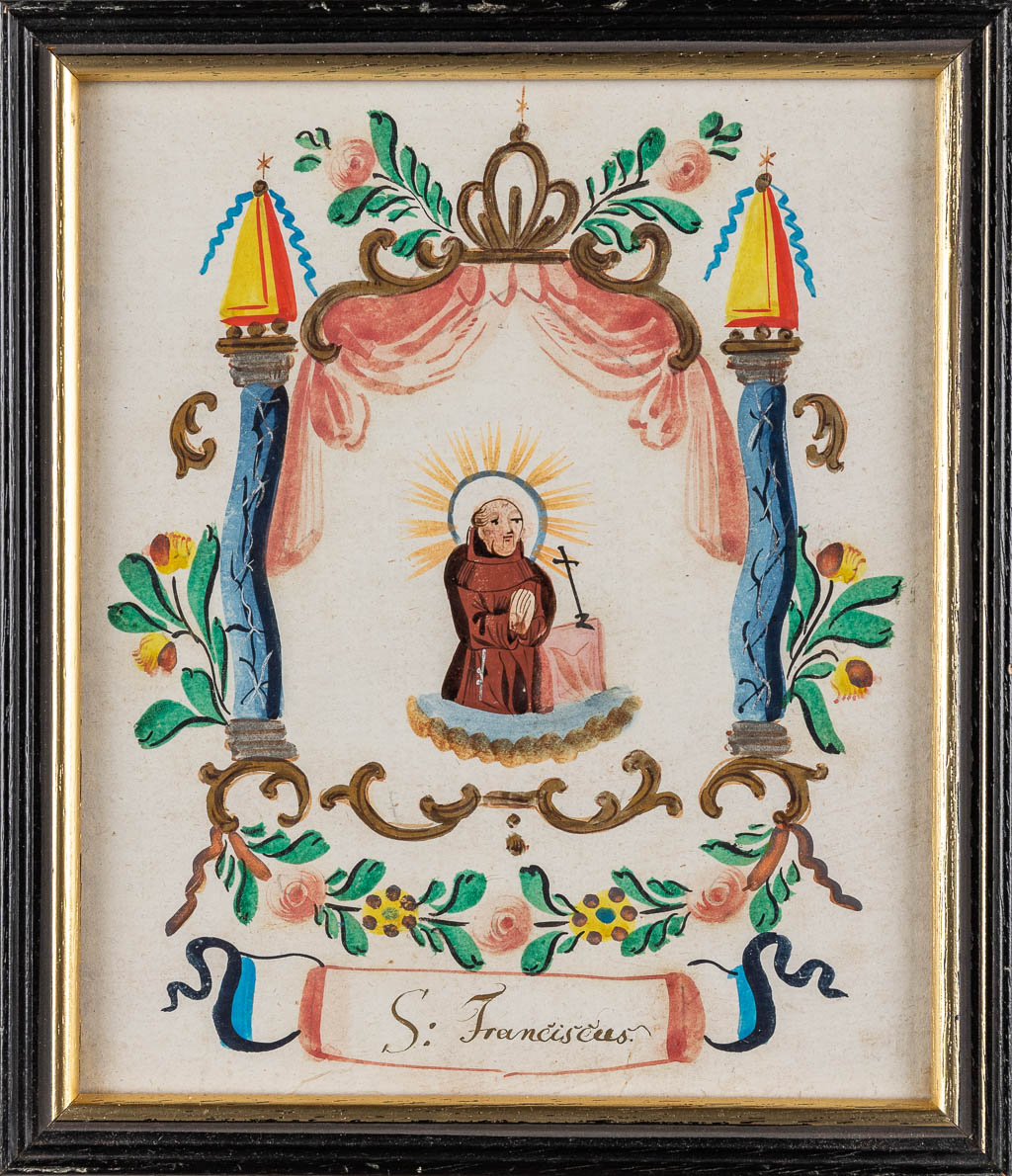 Een set van 5 antieke 'Santjes' of Porseleinkaarten, papier, 17de/18de eeuw. (W:18 x H:22 cm)