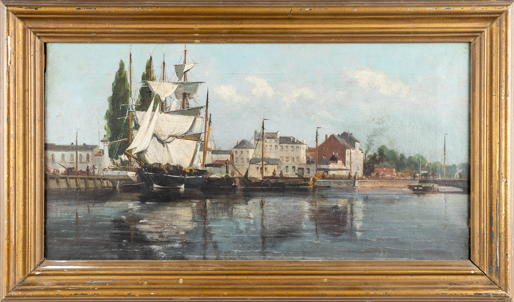 Léon VALCKENAERE (1853-1926)(attr) 'Zicht op de haven' een schilderij, olie op doek. 