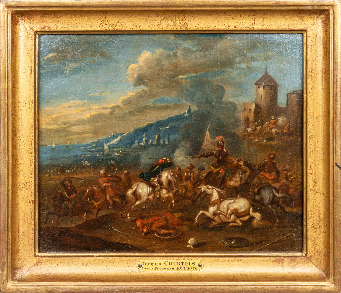 Jacques COURTOIS (1621-1676) A pendant painting of a battle scène with horses. (24 x 21 cm)
