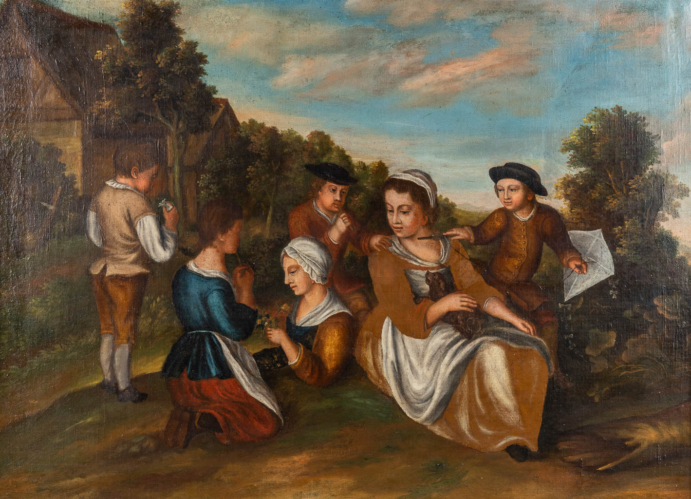 Een antiek schilderij 'Dames in de tuin met kinderen' olie op doek. 18de eeuw. (W:96 x H:70 cm)