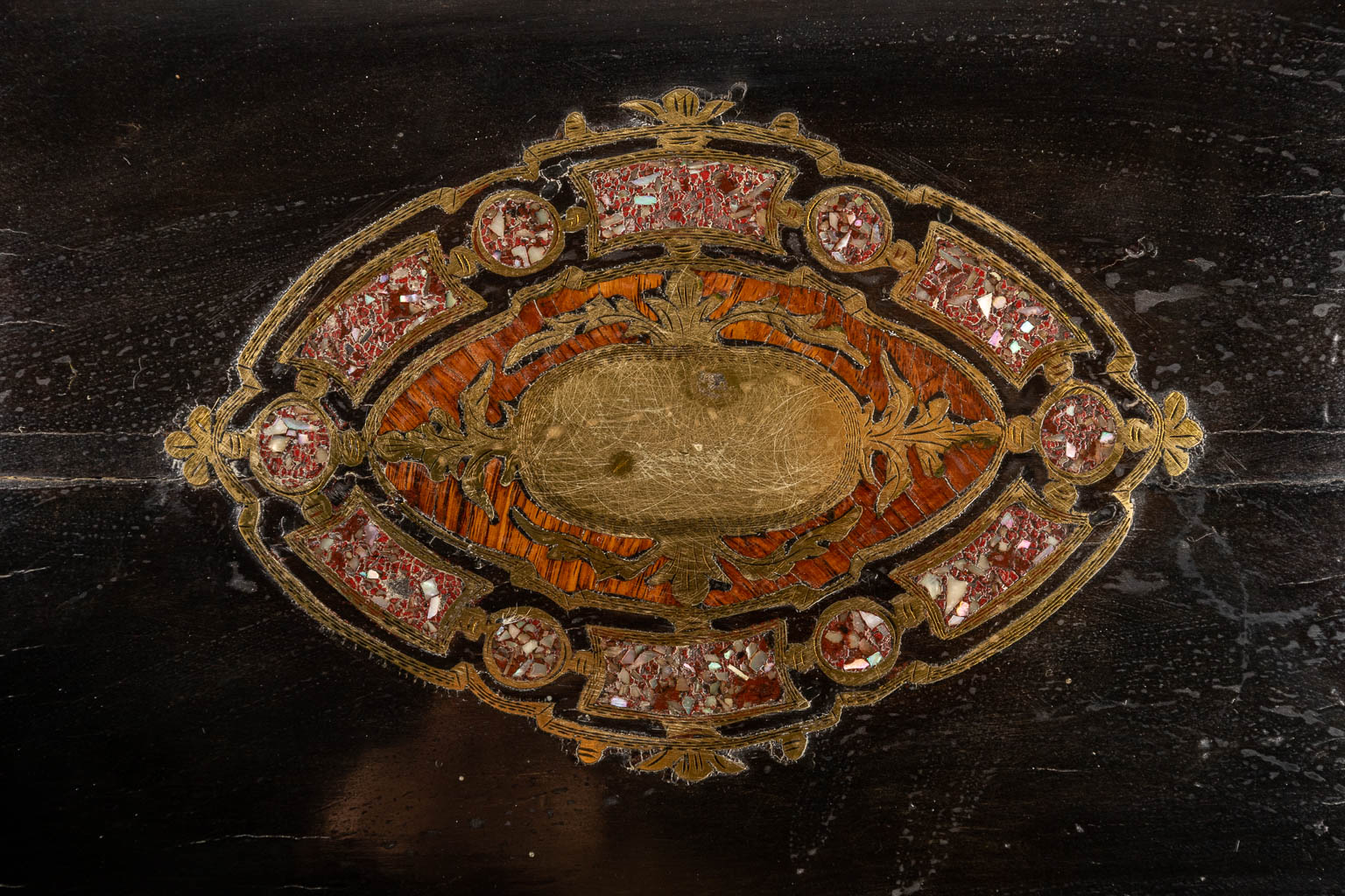 An antique Cave-à-Liqueur, copper and hardstone inlay. Napoleon 3. (D:25 x W:33 x H:28 cm)