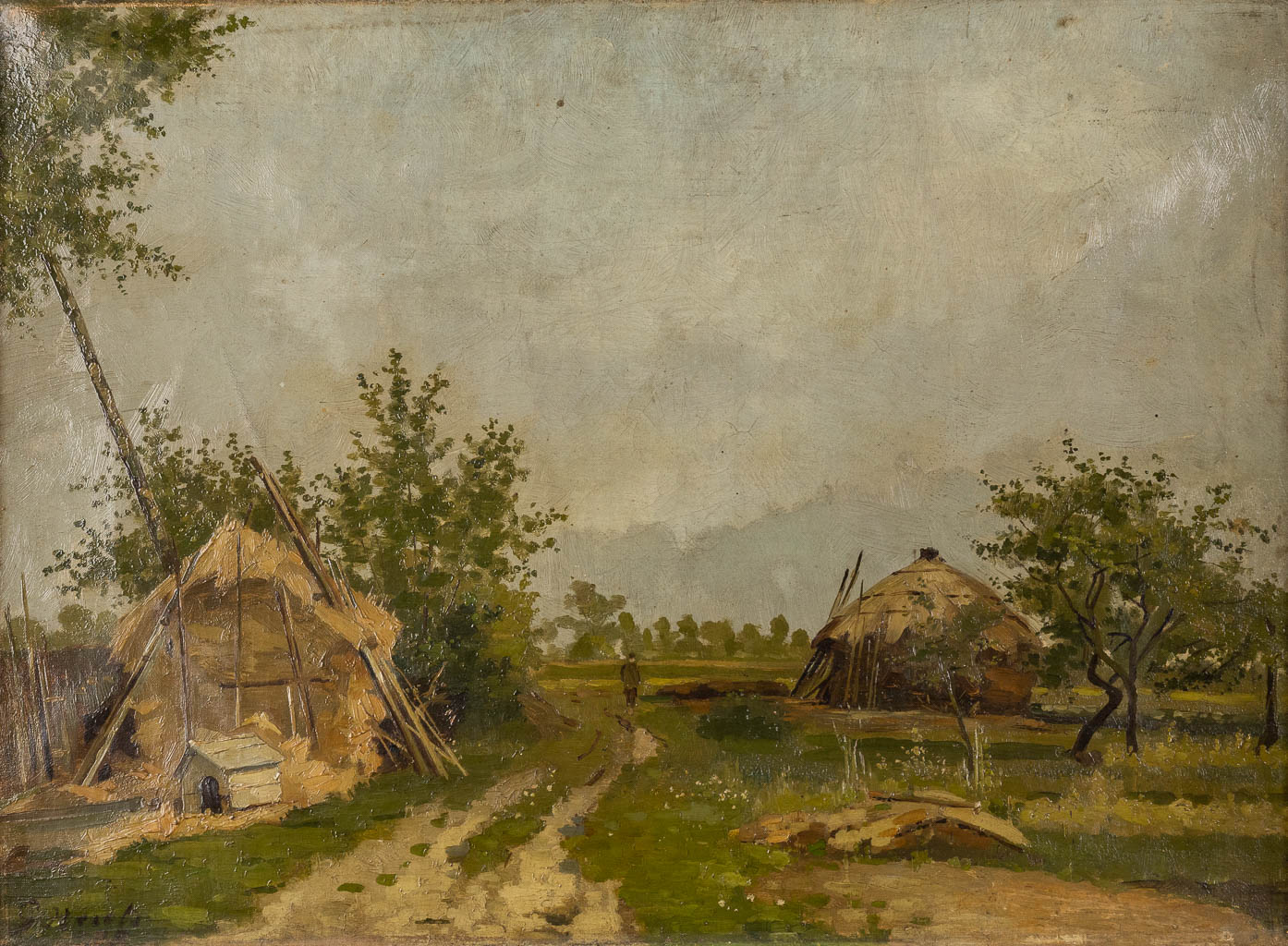 An antique painting 'Haystacks' oil on canvas. 1895. (W:45 x H:33 cm)