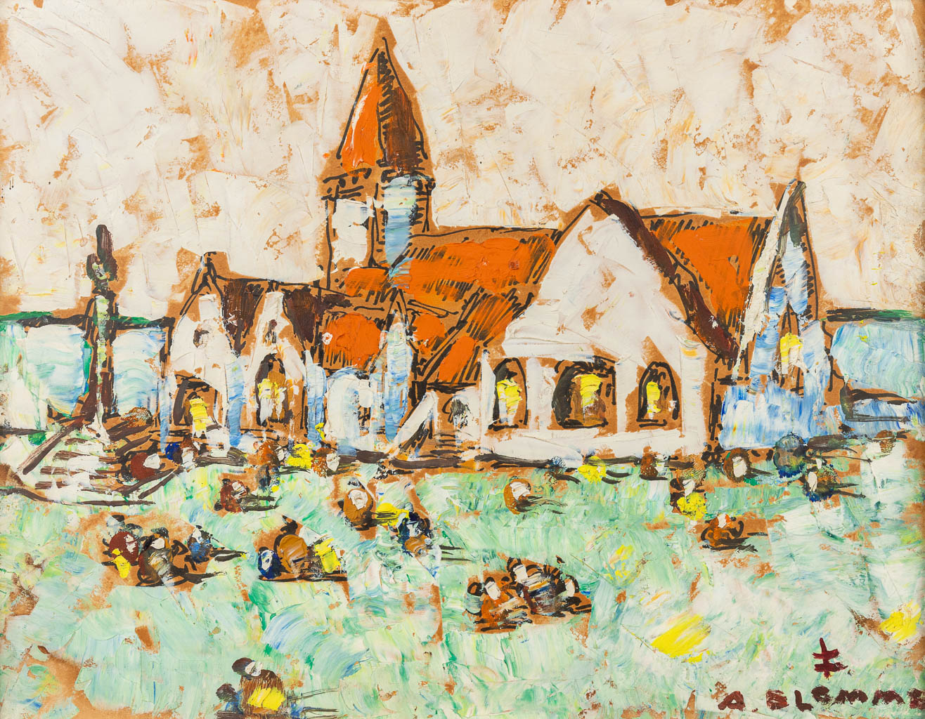 Alfons BLOMME (1889-1979) 'Kerk' een schilderij, olie op paneel. (36 x 28,4 cm)