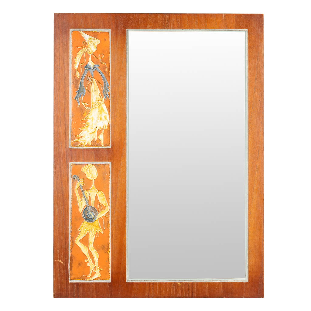 A mid-century mirror with ceramic tiles marked Knitter Duro. (H:54cm)