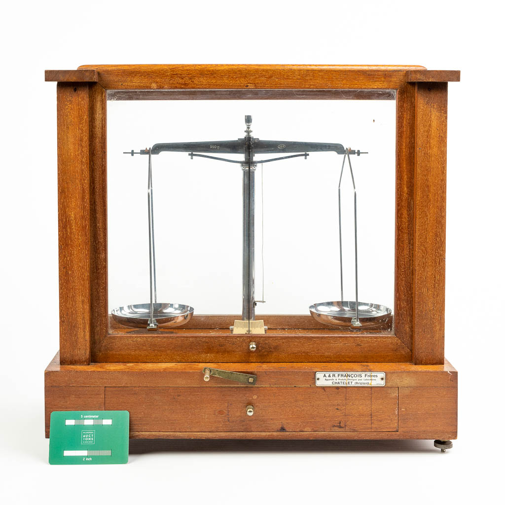 Een precisieweegschaal voor apothekers in een koffer gemaakt uit hout en glas en gemerkt A & R Francois Frères (H:42cm)