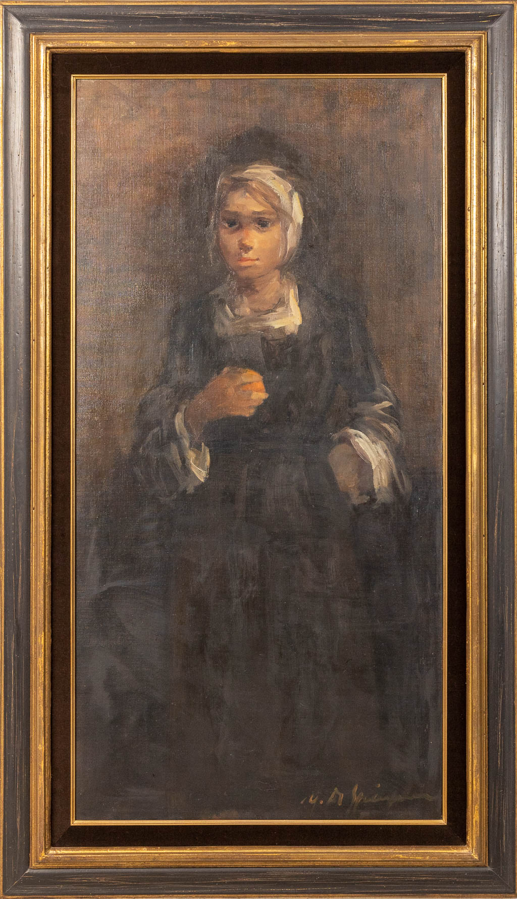 Marthe DE SPIEGELEIR (1897-1991) 'Meisje met de sinaasappel' een schilderij, olie op doek. (60 x 120 cm)