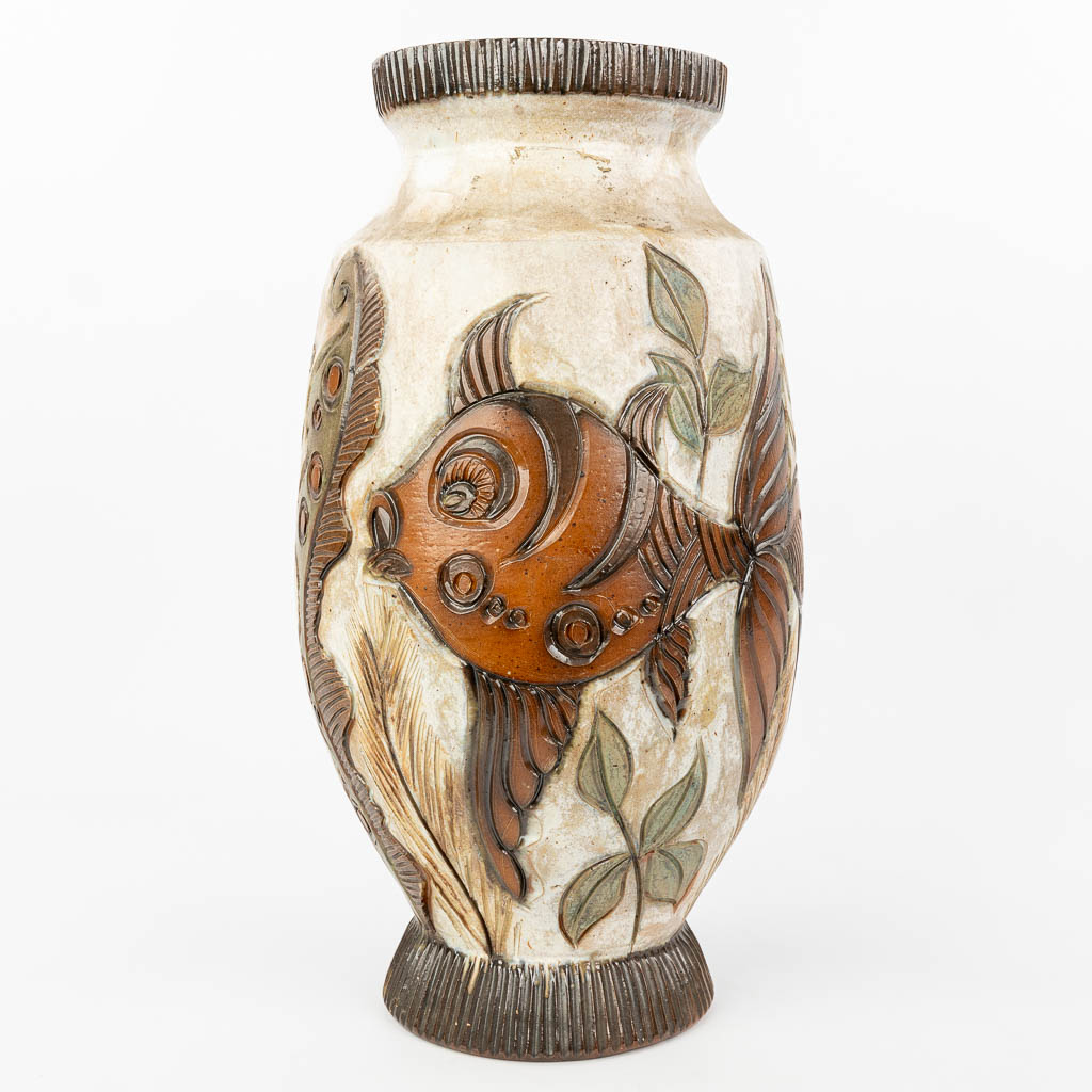 Edouard GREGOIRE (XIX-XX) a large vase with fish decor, made of grès. (H:49cm)
