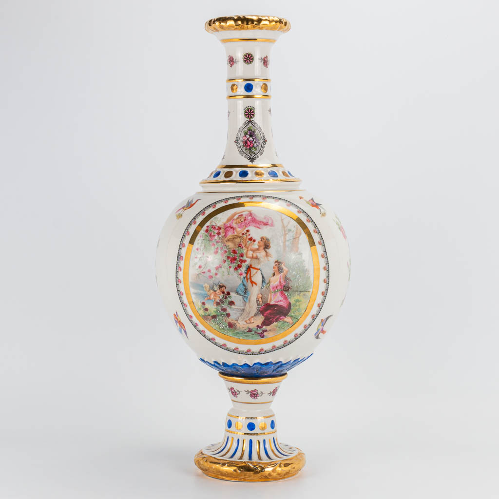 A vase with romantic scene and made of porcelain 'Petre A Baudour Belgique' and marked. The first half of the 20th cen