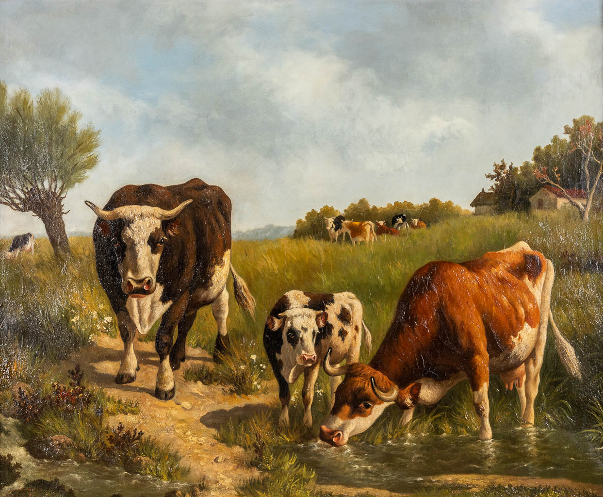 Nicolaas VAN BAARLE (1894-1962) 'Drinking Cattle' oil on canvas. (W:74 x H:62 cm)
