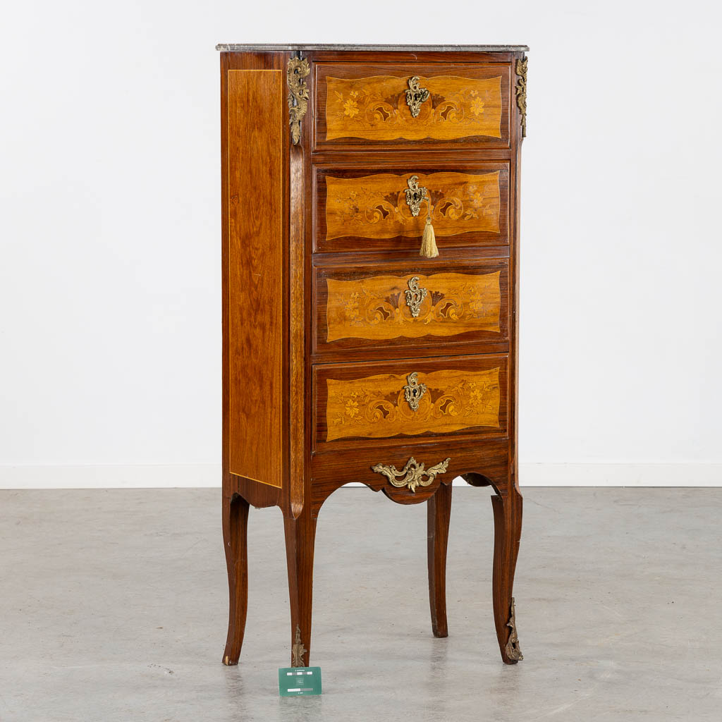 A Secretaire cabinet, Marquetry inlay and mounted with bronze. Circa 1900. (L:34 x W:56 x H:128 cm)