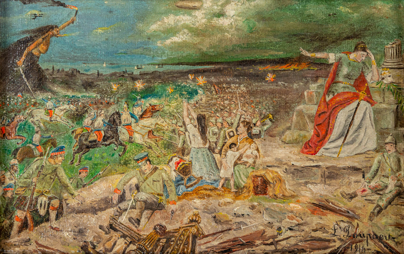 Lionel POUPAERT (1900-1989) 'Slag om de Dardanellen, 1914'. Een schilderij, olie op doek. (19 x 12 cm)